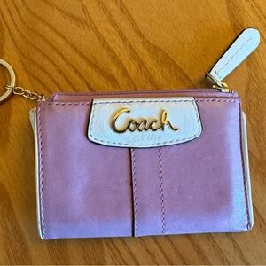 Coach leather zip card case with key ring lavender with white trim